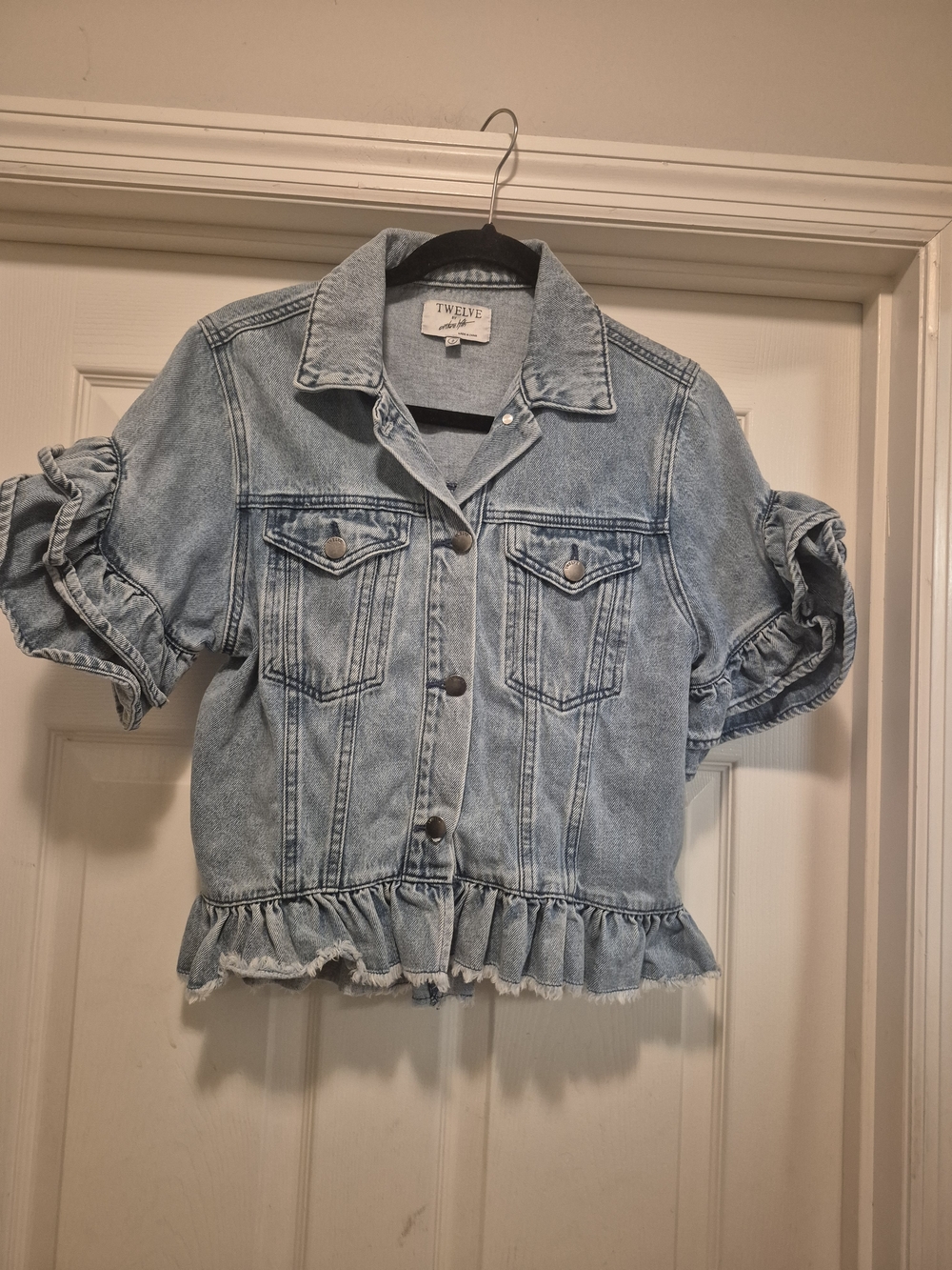 Twelve Light Wash Ruffle Hem Short Jean Jacket